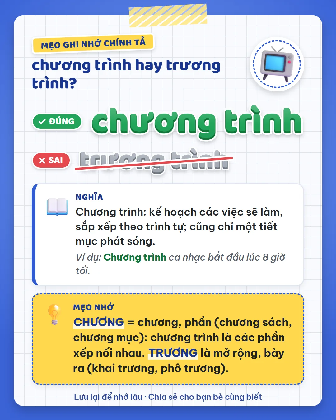 Mẹo ghi nhớ: chương là chương, phần như chương sách; chương trình là các phần nối nhau. Trương là bày ra như khai trương.