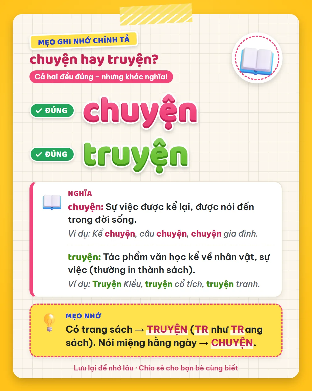 Mẹo ghi nhớ: có trang sách là truyện, TR như trang sách; nói miệng hằng ngày là chuyện.