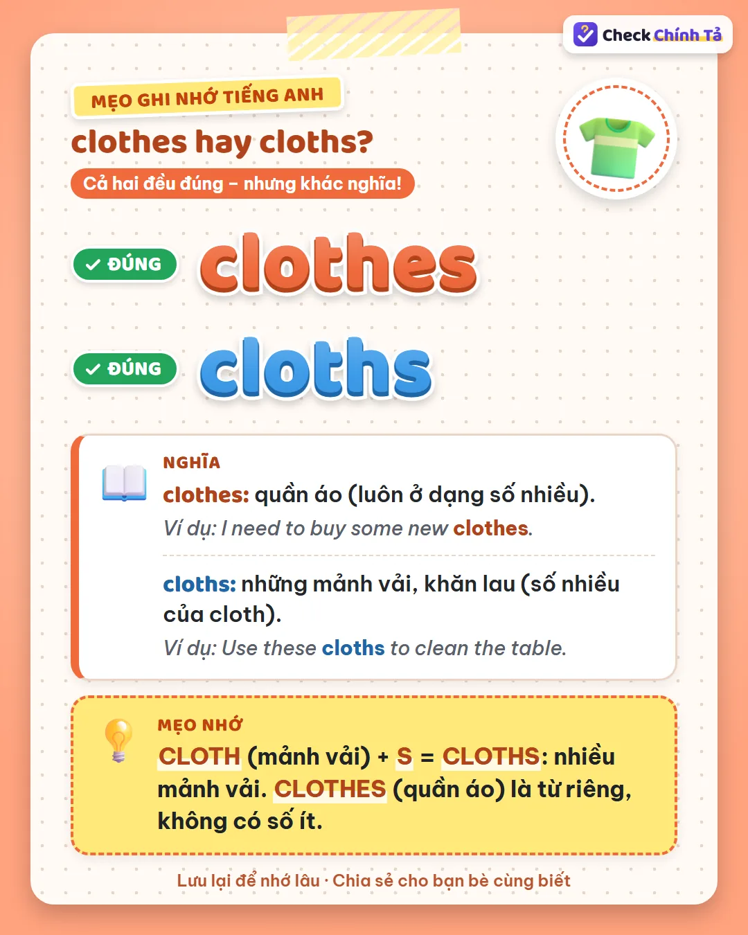 Mẹo ghi nhớ: cloth (mảnh vải) thêm s là cloths; clothes (quần áo) là từ riêng, không có số ít.