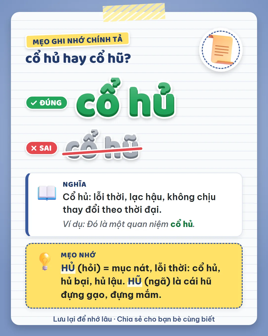 Mẹo ghi nhớ: hủ dấu hỏi là mục nát, lỗi thời như cổ hủ, hủ bại. Hũ dấu ngã là cái hũ đựng mắm.