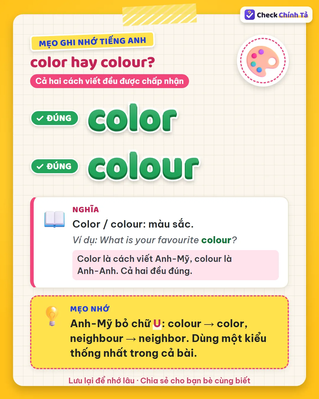 Mẹo ghi nhớ: Anh-Mỹ bỏ chữ U (colour → color, neighbour → neighbor); dùng một kiểu thống nhất trong cả bài.