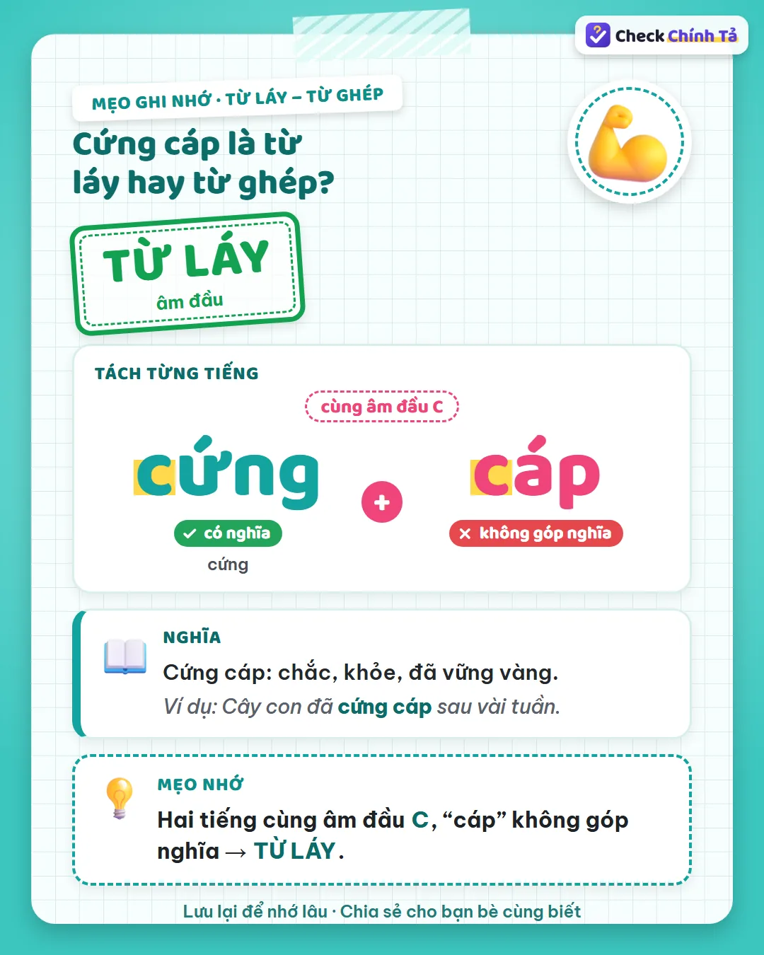 Mẹo ghi nhớ: cứng cáp có hai tiếng cùng âm đầu C, “cáp” không góp nghĩa nên là từ láy.