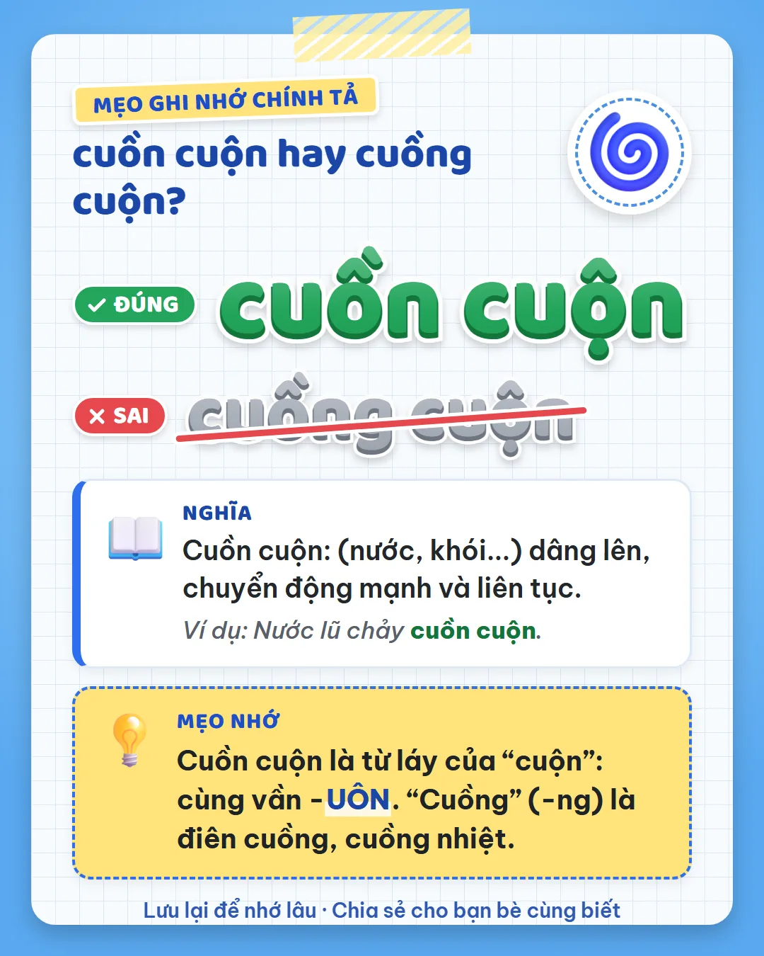 Mẹo ghi nhớ: cuồn cuộn là từ láy của cuộn, cùng vần uôn. Cuồng có NG là điên cuồng, cuồng nhiệt.