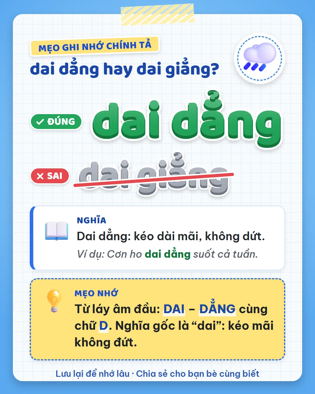 Mẹo ghi nhớ: từ láy âm đầu dai và dẳng cùng chữ D. Nghĩa gốc là dai: kéo mãi không đứt.