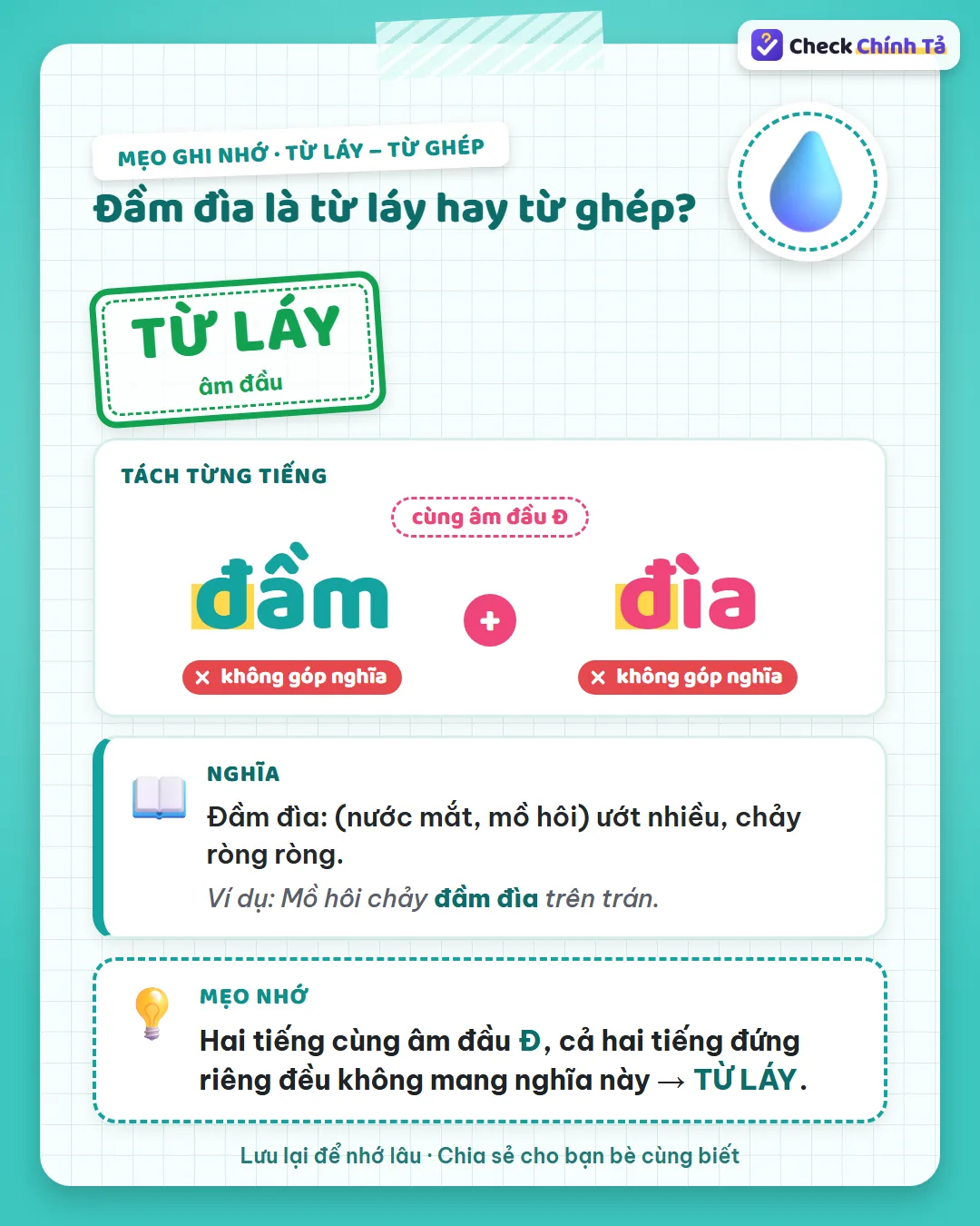 Mẹo ghi nhớ: đầm đìa có hai tiếng cùng âm đầu Đ, đứng riêng đều không mang nghĩa này nên là từ láy.