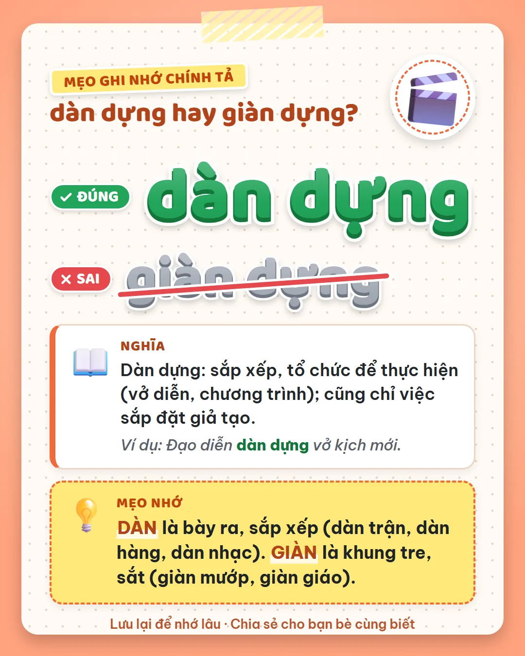 Mẹo ghi nhớ: dàn là bày ra, sắp xếp như dàn trận, dàn hàng, dàn nhạc. Giàn là khung tre, sắt như giàn mướp.