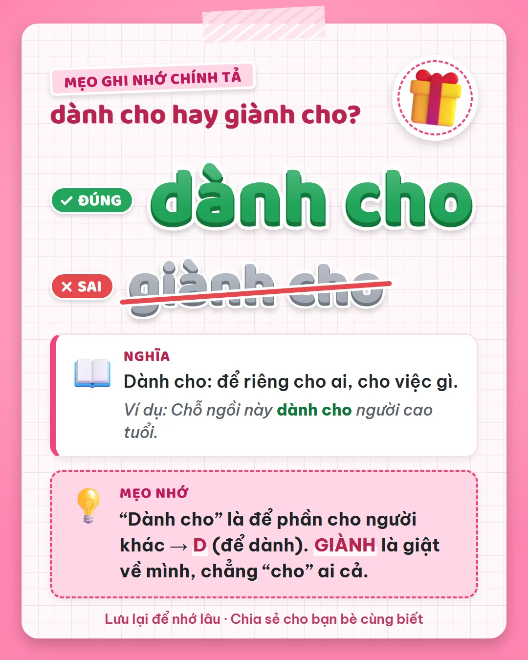 Mẹo ghi nhớ: dành cho là để phần cho người khác, viết D như để dành. Giành là giật về mình, chẳng cho ai cả.