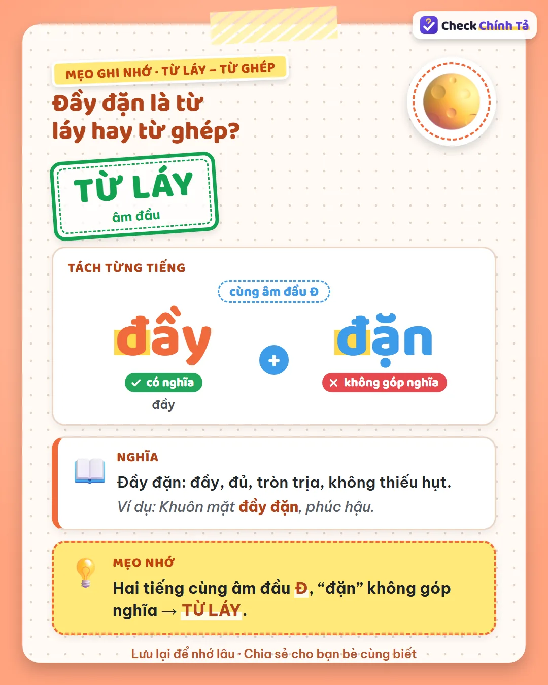 Mẹo ghi nhớ: đầy đặn có hai tiếng cùng âm đầu Đ, “đặn” không góp nghĩa nên là từ láy âm đầu.