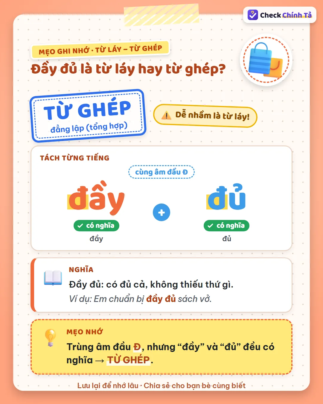 Mẹo ghi nhớ: đầy đủ trùng âm đầu Đ nhưng “đầy” và “đủ” đều có nghĩa nên là từ ghép.