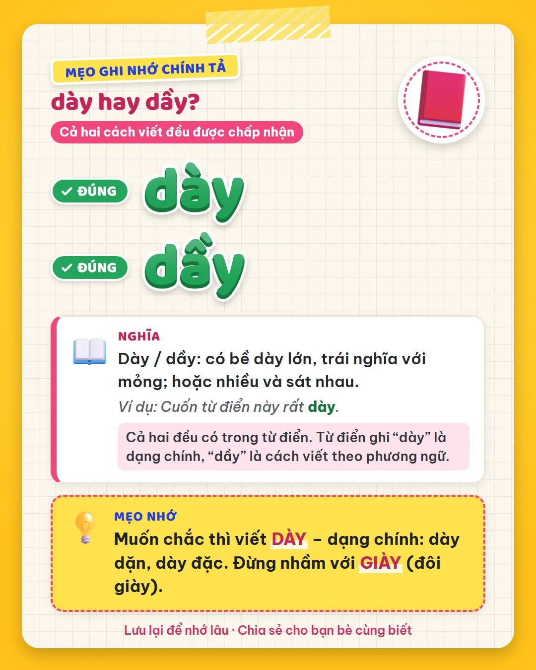 Mẹo ghi nhớ: muốn chắc thì viết dày, dạng chính như dày dặn, dày đặc. Đừng nhầm với giày là đôi giày.