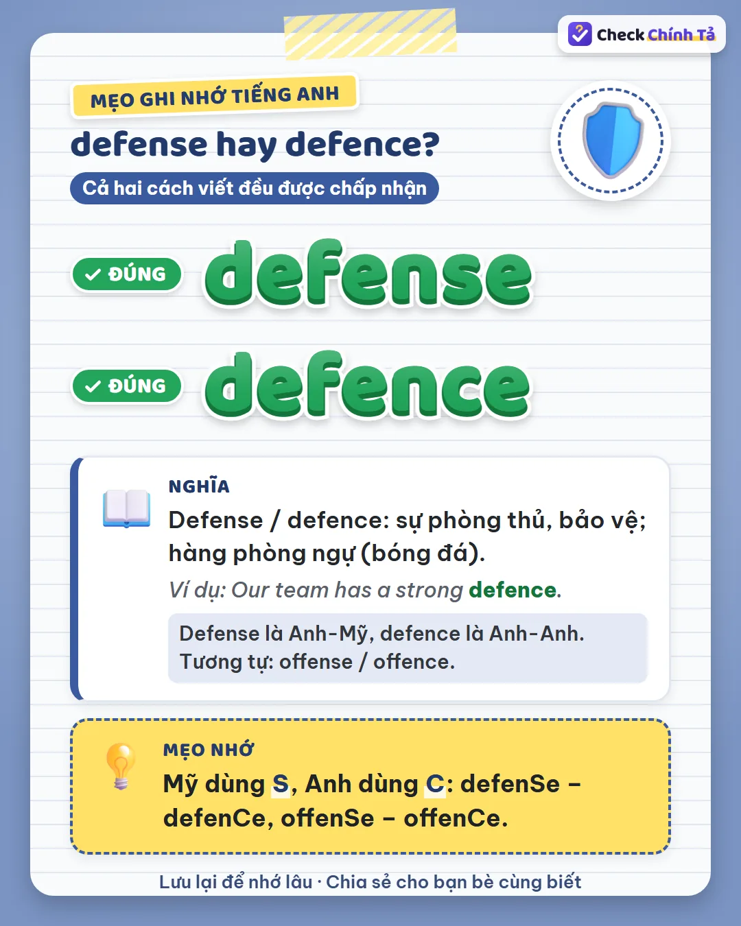 Mẹo ghi nhớ: Mỹ dùng s, Anh dùng c – defense / defence, offense / offence.