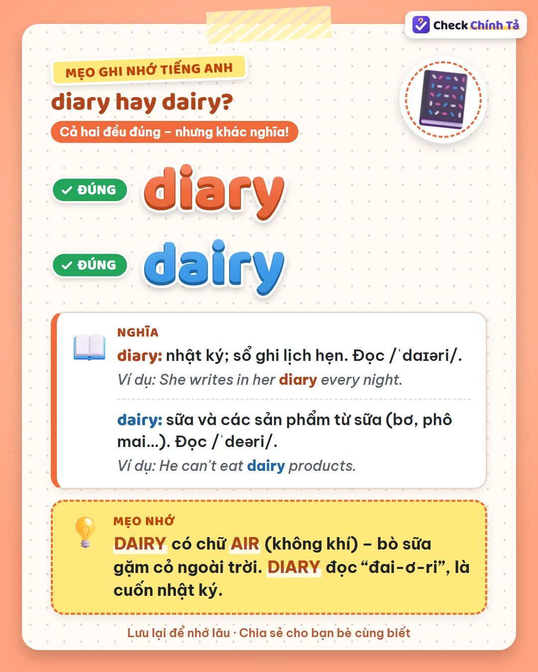Mẹo ghi nhớ: dairy có chữ AIR, bò sữa gặm cỏ ngoài trời; diary là cuốn nhật ký.