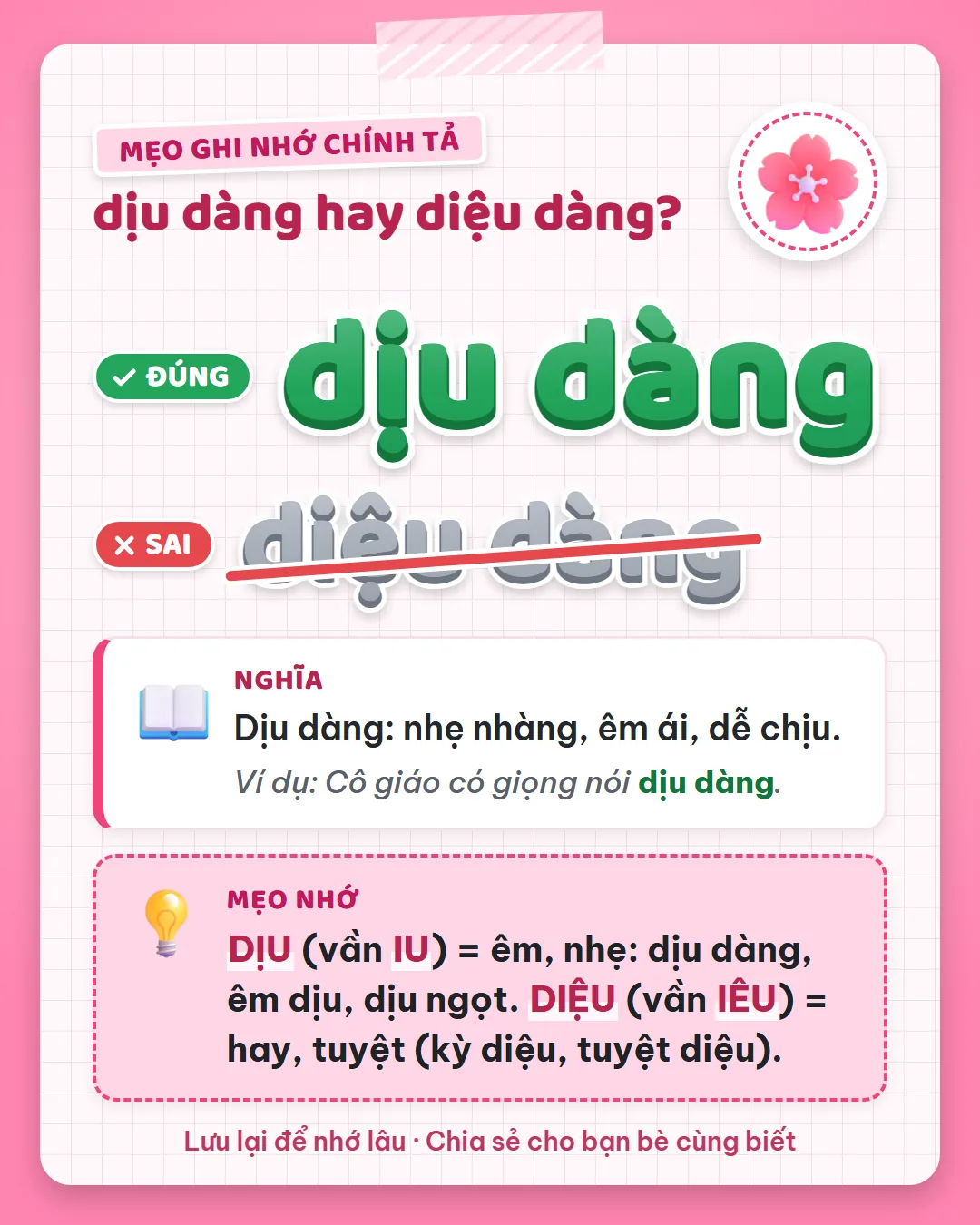 Mẹo ghi nhớ: dịu vần iu là êm, nhẹ như dịu dàng, êm dịu, dịu ngọt. Diệu vần iêu là hay, tuyệt như kỳ diệu, tuyệt diệu.