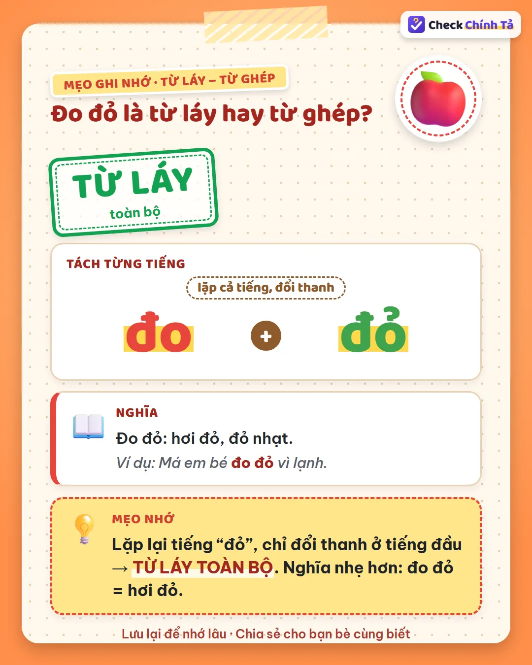 Mẹo ghi nhớ: đo đỏ là tiếng “đỏ” lặp lại, chỉ đổi thanh ở tiếng đầu nên là từ láy toàn bộ, nghĩa là hơi đỏ.