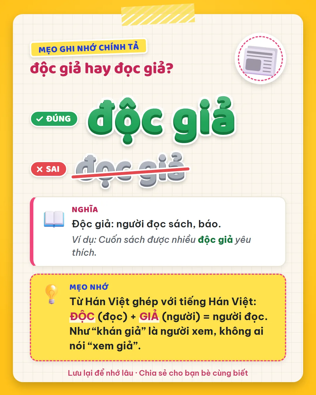 Mẹo ghi nhớ: độc (đọc) cộng giả (người) là người đọc, như khán giả là người xem, không ai nói xem giả.
