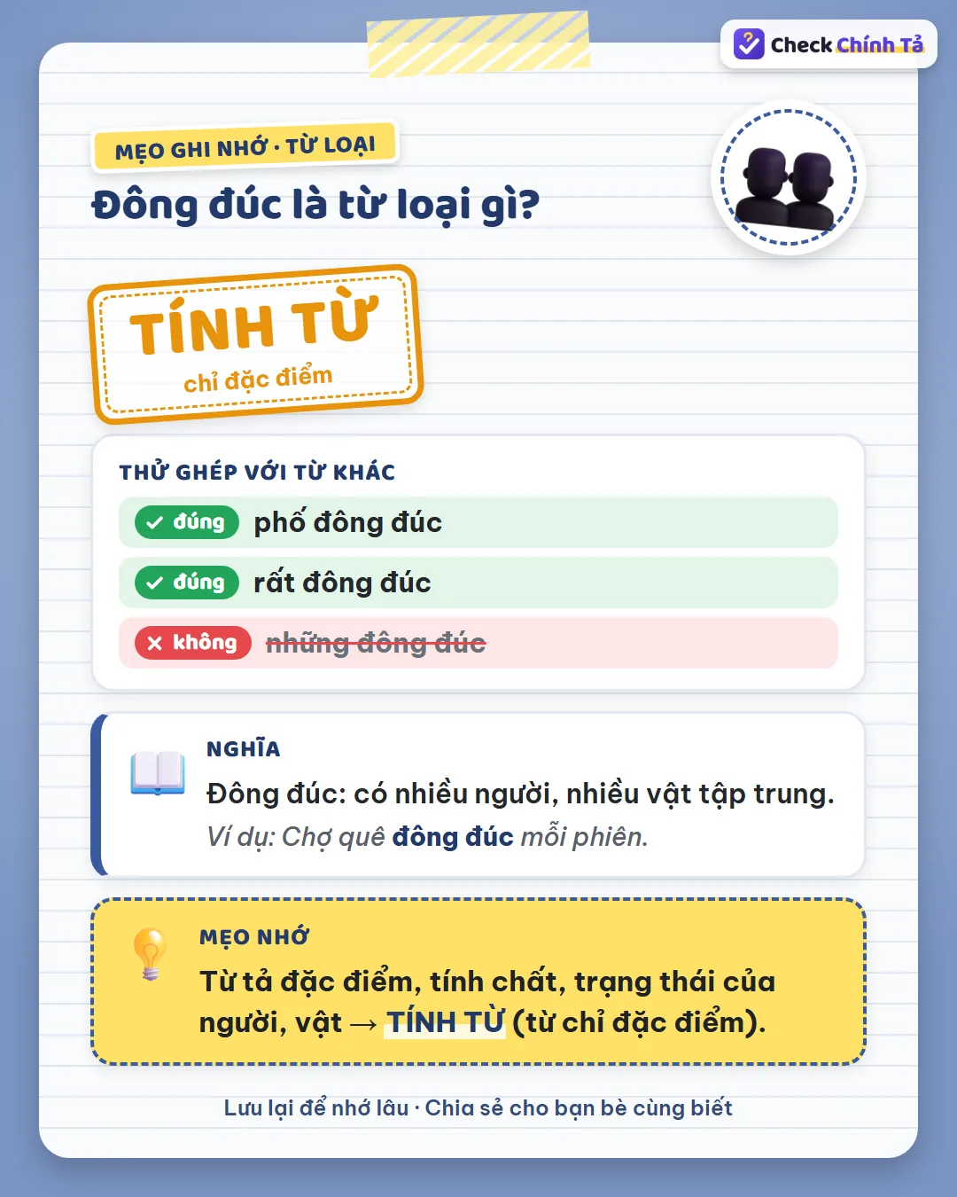 Mẹo ghi nhớ: nói được “phố đông đúc”, “rất đông đúc”, không nói “những đông đúc” nên là tính từ.