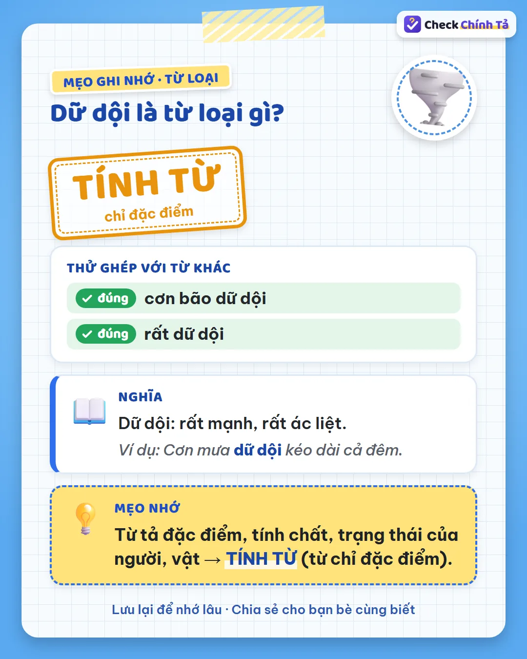 Mẹo ghi nhớ: nói được “cơn bão dữ dội”, “rất dữ dội” nên dữ dội là tính từ chỉ đặc điểm.