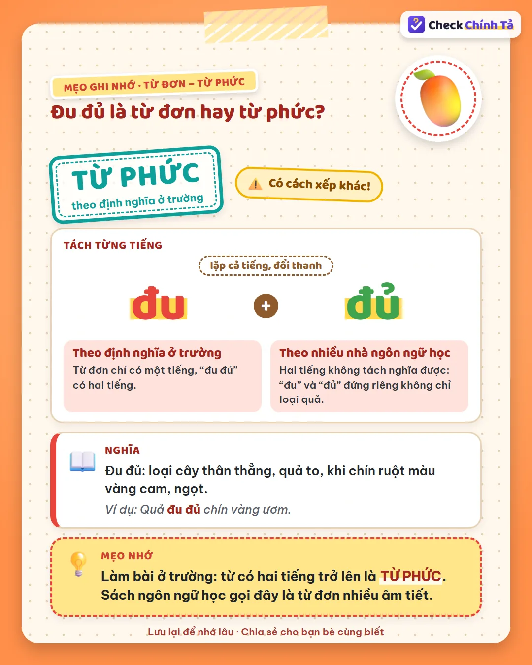 Mẹo ghi nhớ: đu đủ có hai tiếng nên ở trường là từ phức; sách ngôn ngữ học gọi là từ đơn nhiều âm tiết.