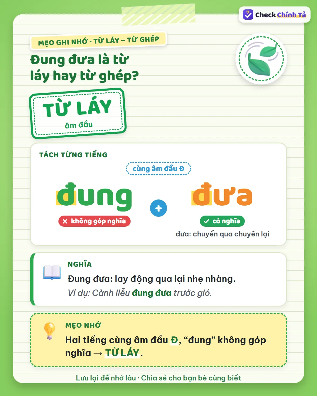 Mẹo ghi nhớ: đung đưa có hai tiếng cùng âm đầu Đ, “đung” không góp nghĩa nên là từ láy âm đầu.