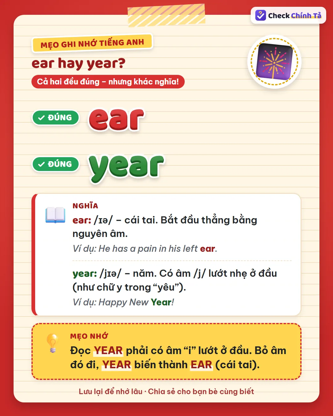 Mẹo ghi nhớ: đọc year phải có âm i lướt ở đầu; bỏ âm đó đi, year biến thành ear (cái tai).