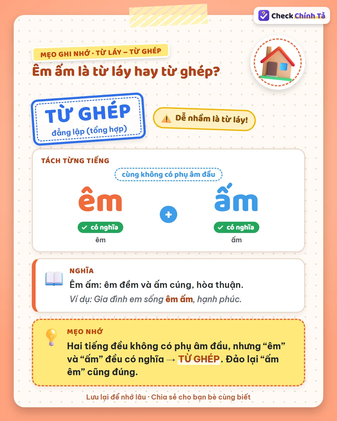 Mẹo ghi nhớ: êm ấm không có phụ âm đầu nhưng “êm” và “ấm” đều có nghĩa nên là từ ghép; “ấm êm” cũng đúng.