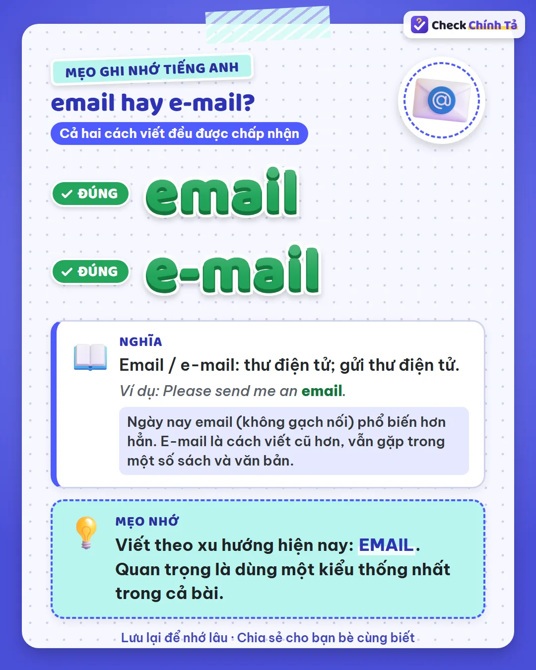 Mẹo ghi nhớ: viết theo xu hướng hiện nay là email; quan trọng là dùng một kiểu thống nhất trong cả bài.