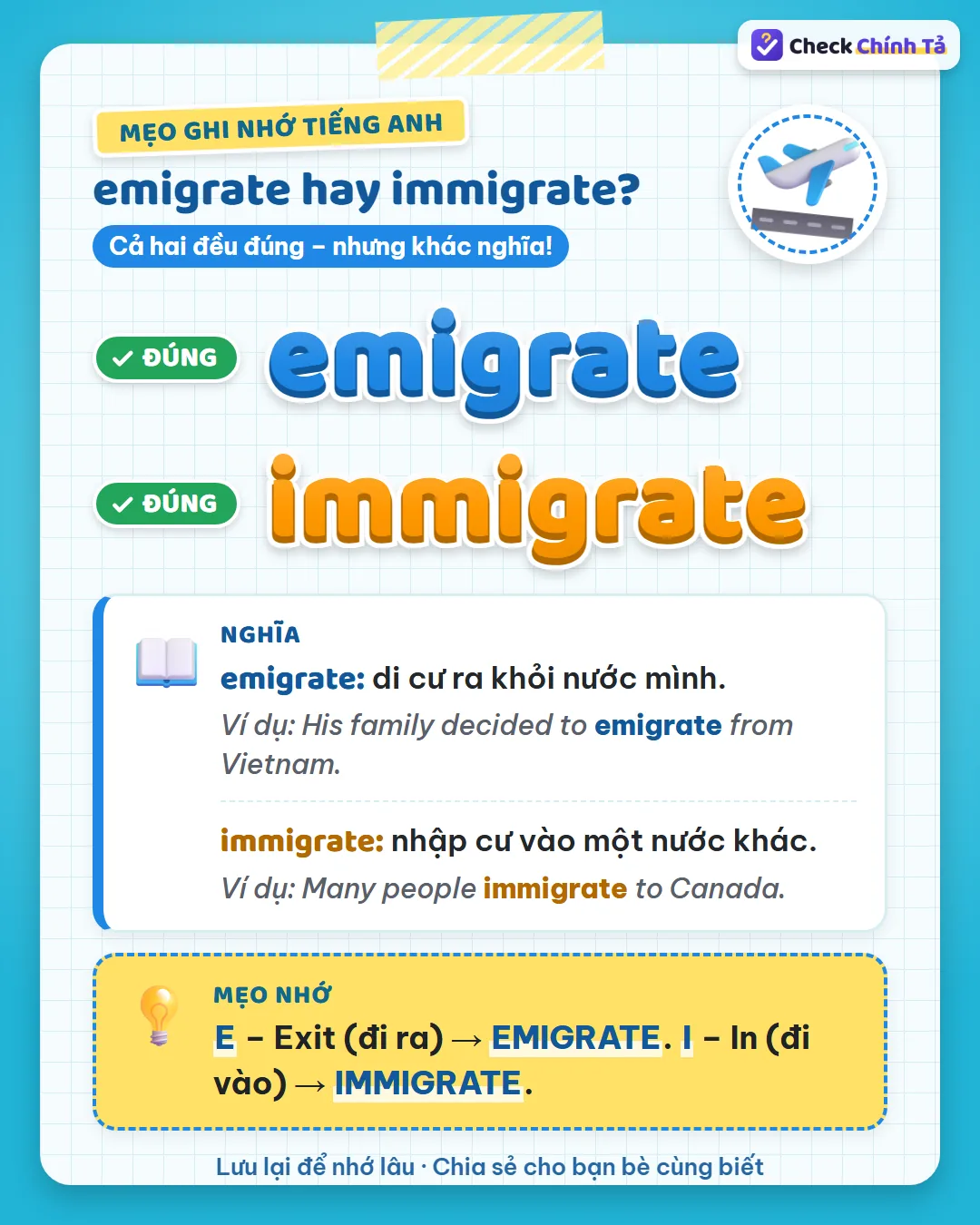 Mẹo ghi nhớ: E là Exit, đi ra nên là emigrate; I là In, đi vào nên là immigrate.
