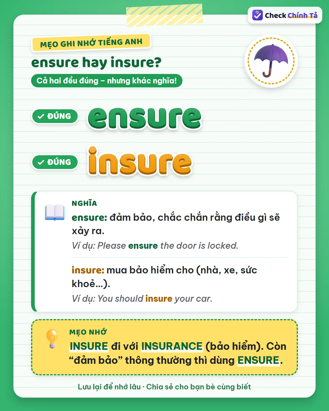Mẹo ghi nhớ: insure đi với insurance (bảo hiểm); còn đảm bảo thông thường thì dùng ensure.