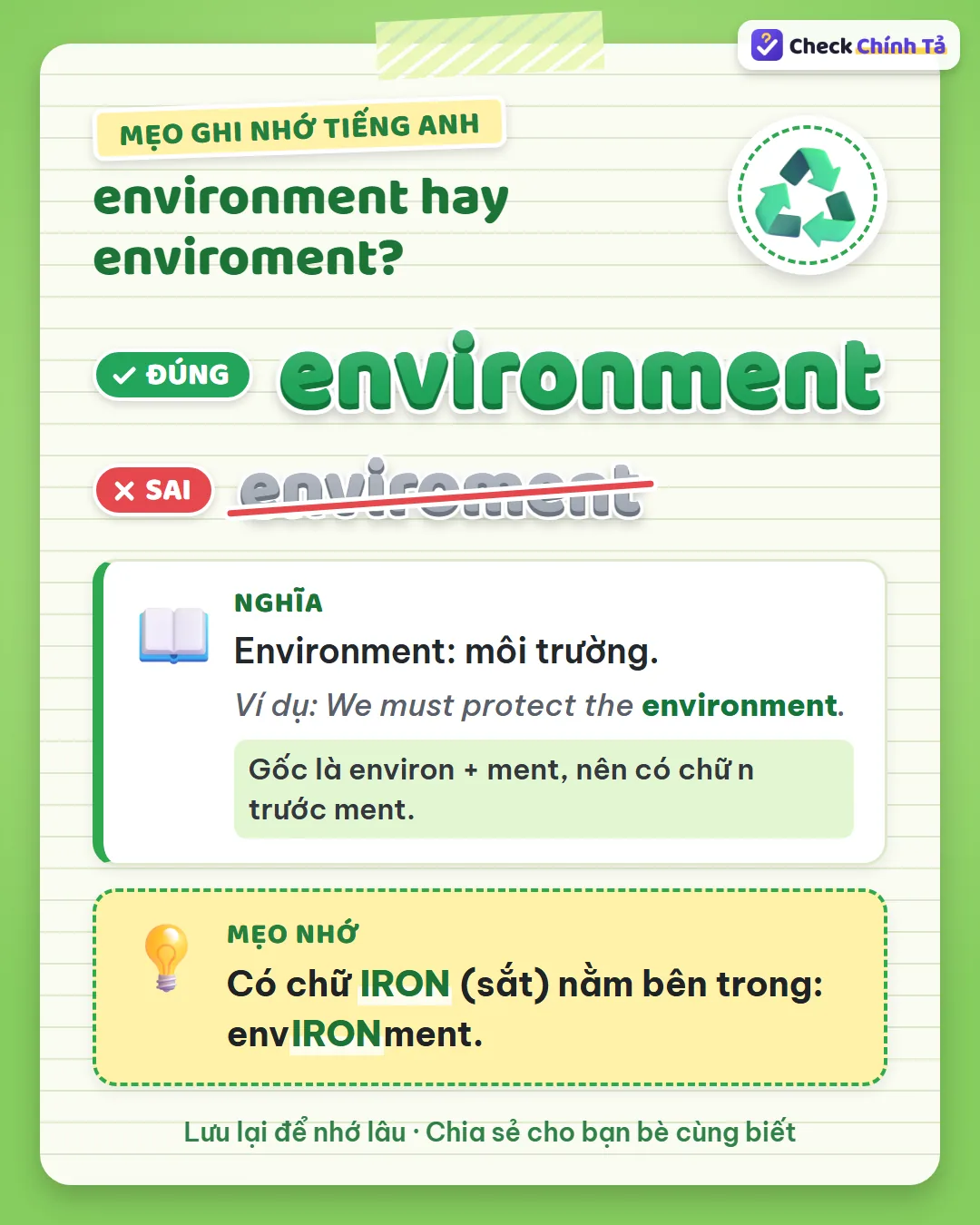 Mẹo ghi nhớ: có chữ iron (sắt) nằm bên trong: env-iron-ment.