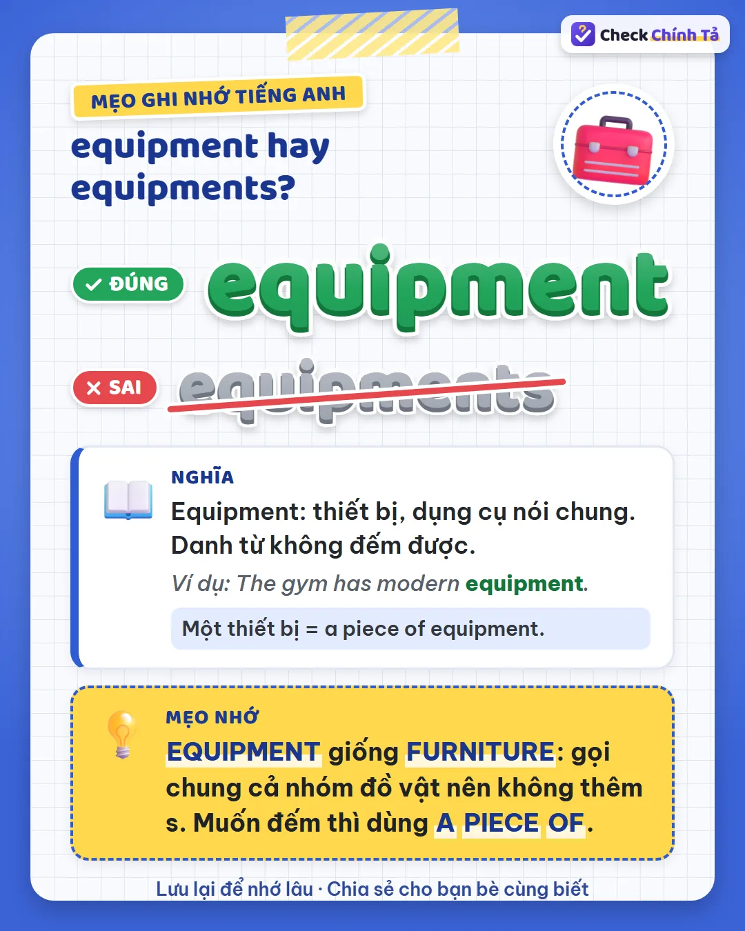 Mẹo ghi nhớ: equipment giống furniture, gọi chung cả nhóm nên không thêm s; đếm thì dùng a piece of.