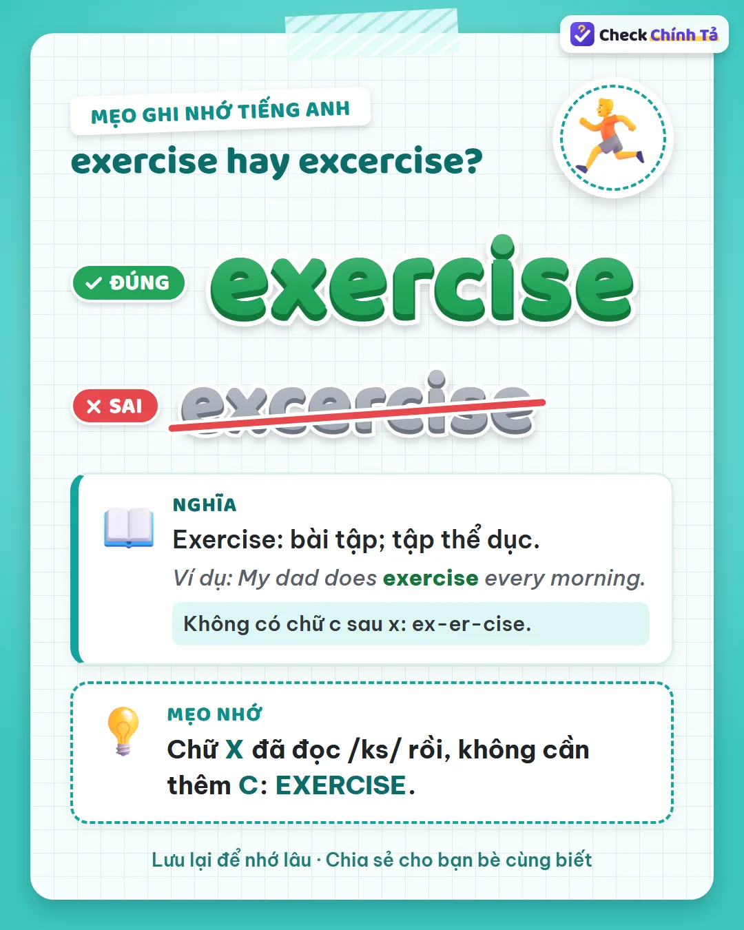 Mẹo ghi nhớ: chữ x đã đọc /ks/ rồi, không cần thêm c: exercise.
