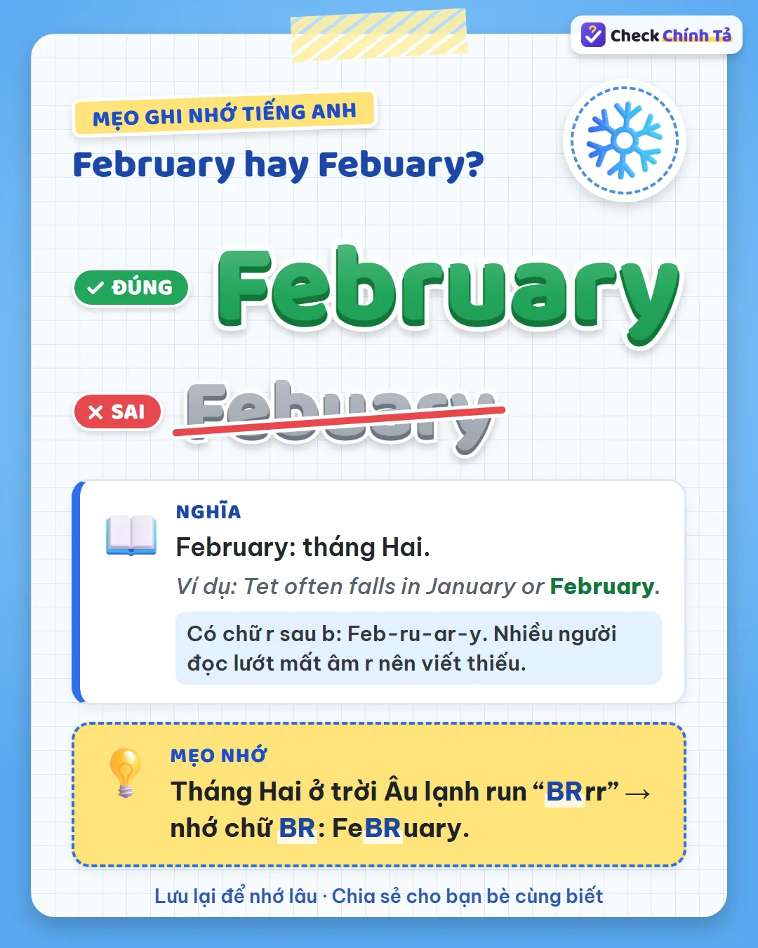 Mẹo ghi nhớ: tháng Hai ở trời Âu lạnh run brrr – nhớ chữ br: February.