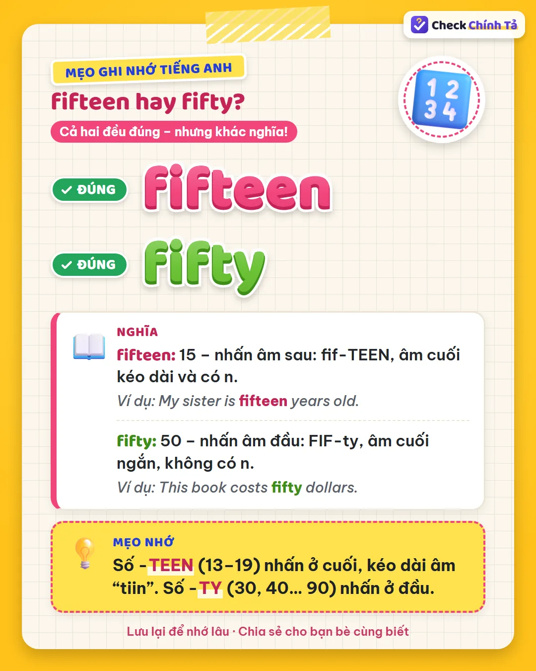 Mẹo ghi nhớ: số -teen (13–19) nhấn ở cuối, kéo dài âm tiin; số -ty (30… 90) nhấn ở đầu.