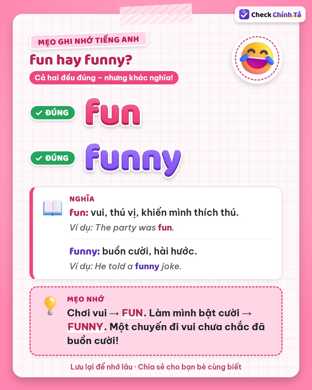 Mẹo ghi nhớ: chơi vui thì fun, làm mình bật cười thì funny; chuyến đi vui chưa chắc đã buồn cười.