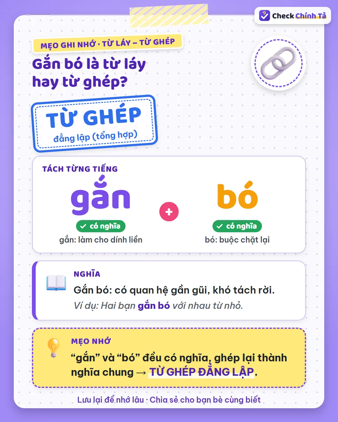 Mẹo ghi nhớ: “gắn” và “bó” đều có nghĩa, ghép lại thành nghĩa thân thiết, khó tách rời nên là từ ghép đẳng lập.