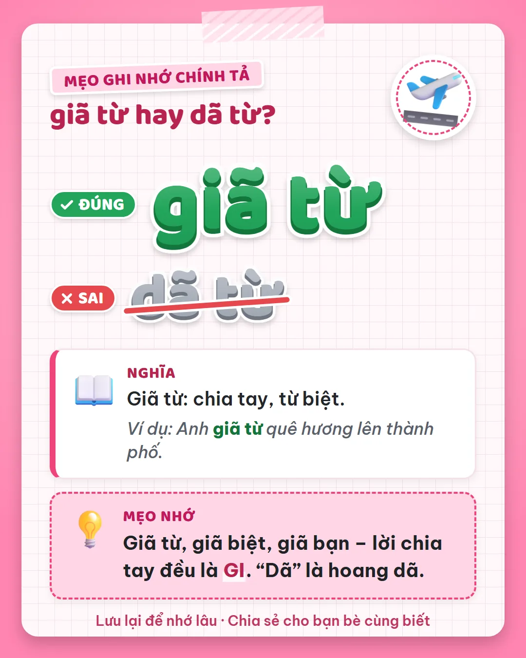 Mẹo ghi nhớ: giã từ, giã biệt, giã bạn, lời chia tay đều là GI. Còn dã là hoang dã.