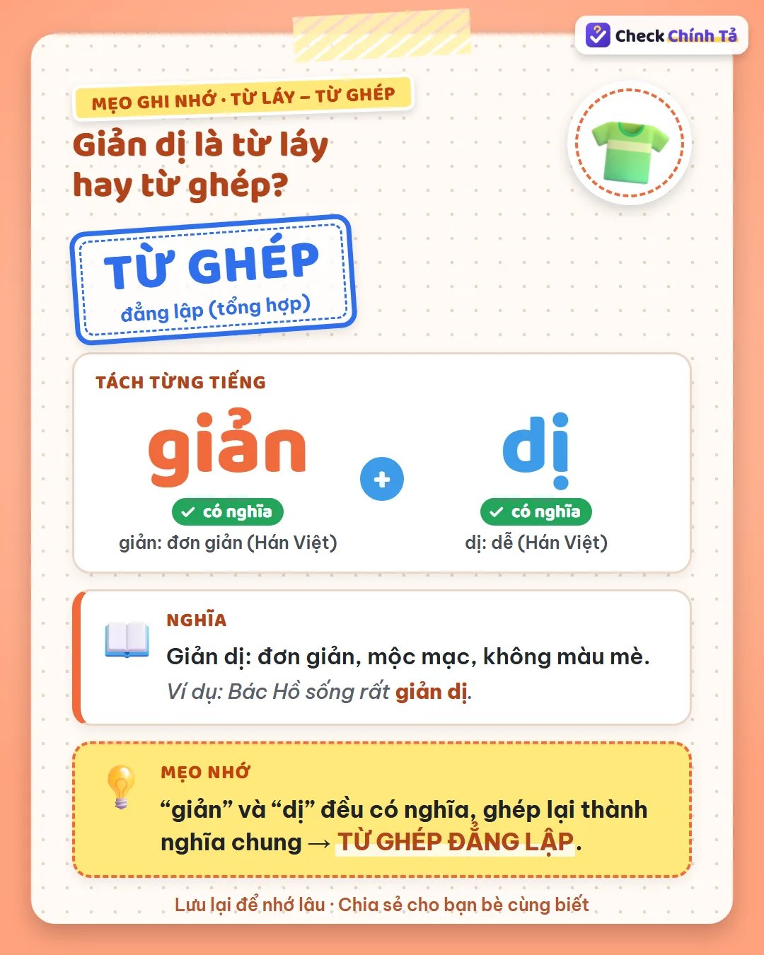 Mẹo ghi nhớ: “giản” (đơn giản) và “dị” (dễ) đều có nghĩa Hán Việt nên giản dị là từ ghép đẳng lập.
