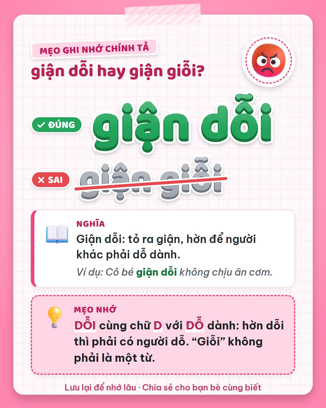 Mẹo ghi nhớ: dỗi cùng chữ D với dỗ dành, hờn dỗi thì phải có người dỗ. Không có chữ giỗi.