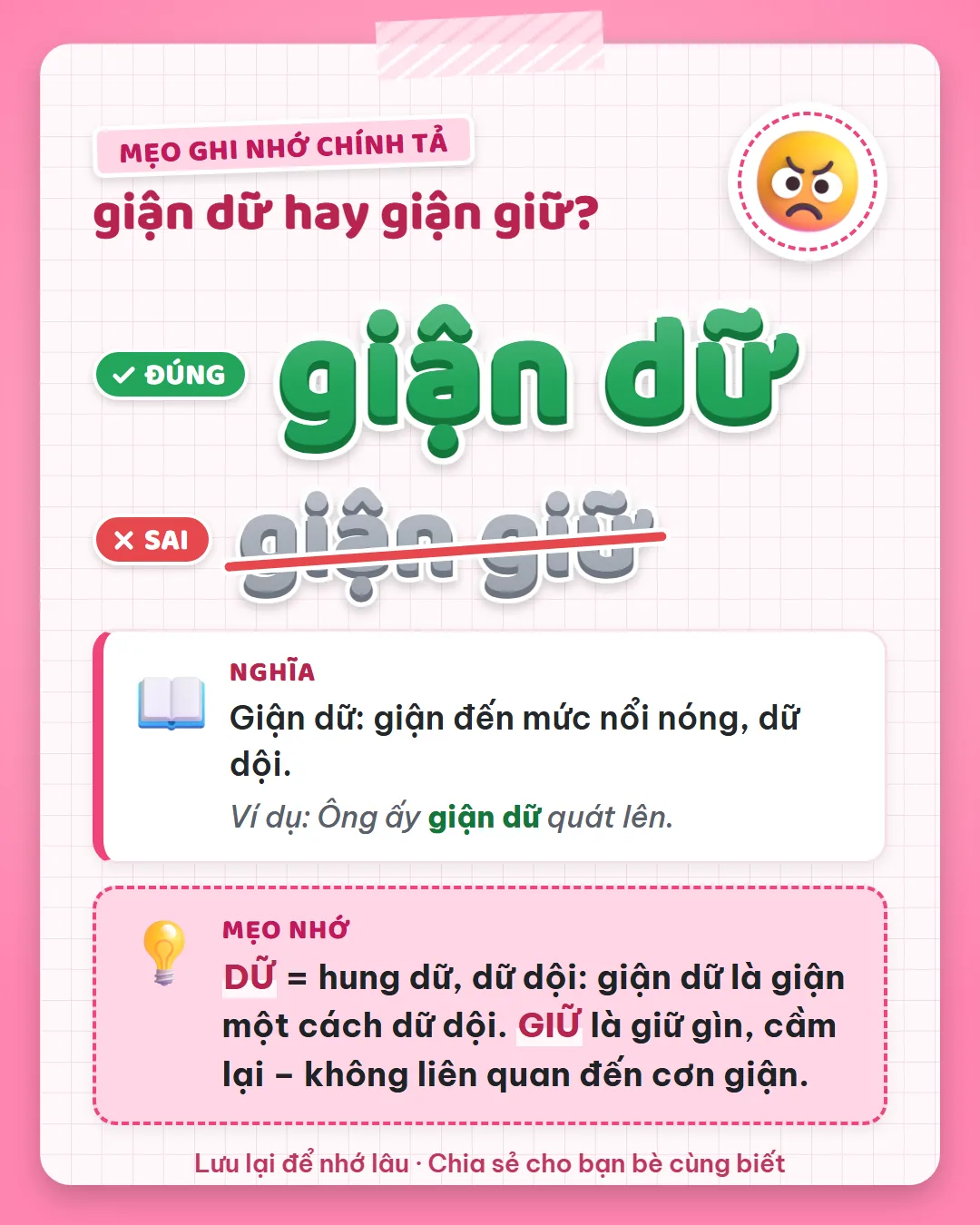 Mẹo ghi nhớ: dữ là hung dữ, dữ dội, giận dữ là giận một cách dữ dội. Giữ là giữ gìn, cầm lại.