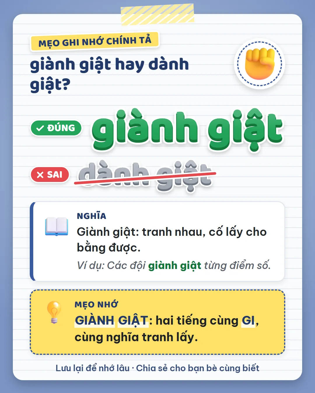 Mẹo ghi nhớ: giành giật có hai tiếng cùng GI, cùng nghĩa tranh lấy.