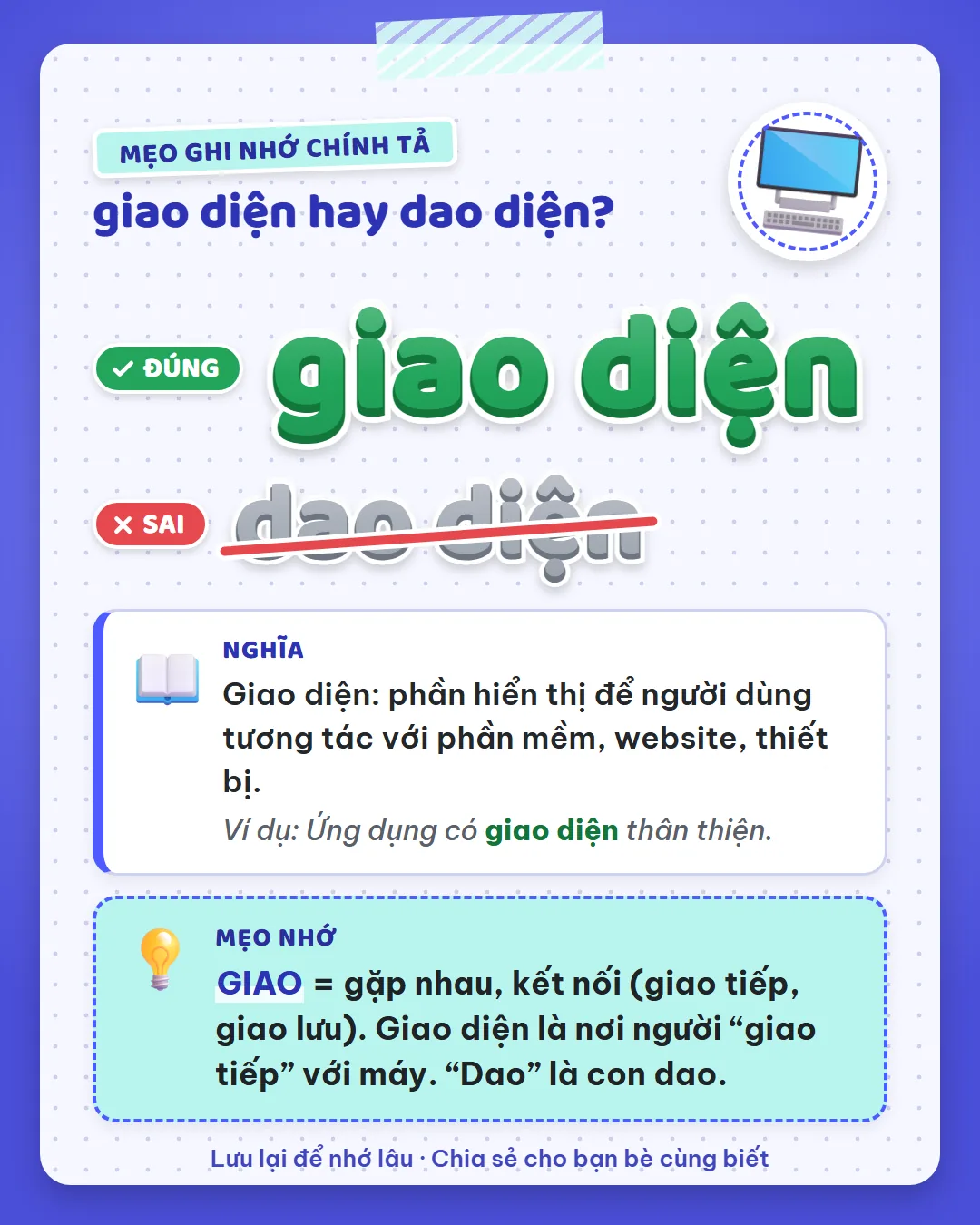 Mẹo ghi nhớ: giao là gặp nhau, kết nối như giao tiếp, giao lưu. Giao diện là nơi người giao tiếp với máy.