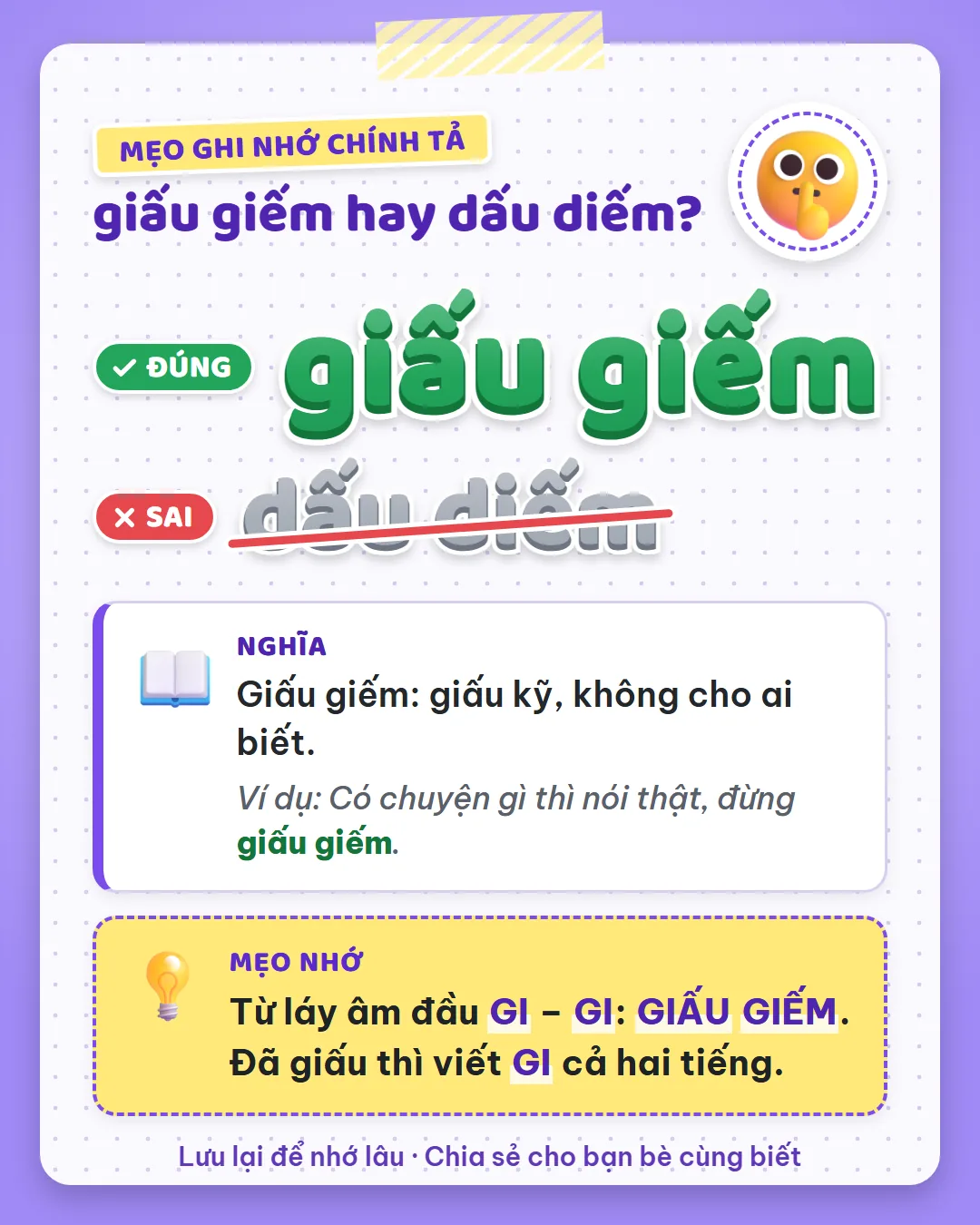 Mẹo ghi nhớ: giấu giếm là từ láy âm đầu GI – GI. Đã giấu thì viết GI cả hai tiếng.