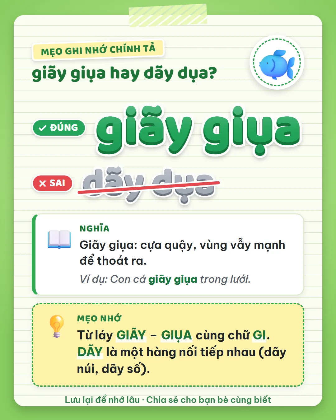 Mẹo ghi nhớ: giãy và giụa cùng chữ GI. Dãy là một hàng nối tiếp như dãy núi, dãy số.
