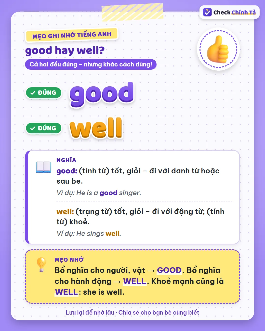 Mẹo ghi nhớ: bổ nghĩa cho người, vật thì good; cho hành động thì well; khoẻ mạnh cũng là well.