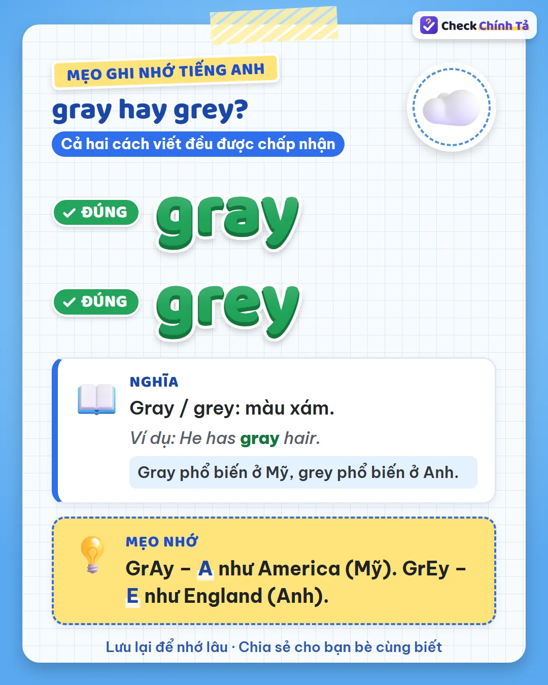 Mẹo ghi nhớ: grAy – A như America (Mỹ); grEy – E như England (Anh).