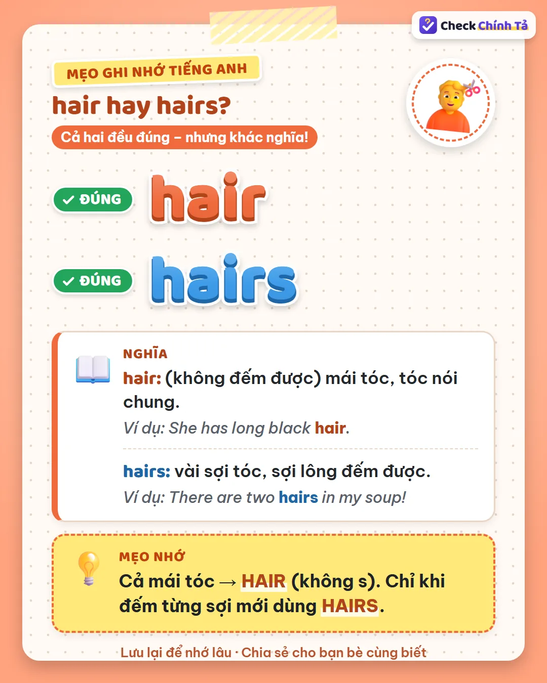 Mẹo ghi nhớ: cả mái tóc là hair, không s; chỉ khi đếm từng sợi mới dùng hairs.