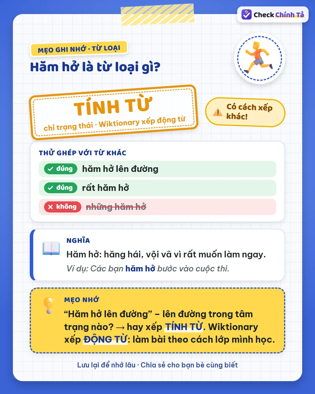 Mẹo ghi nhớ: “hăm hở lên đường” – lên đường trong tâm trạng nào? Hay xếp tính từ; Wiktionary xếp động từ.