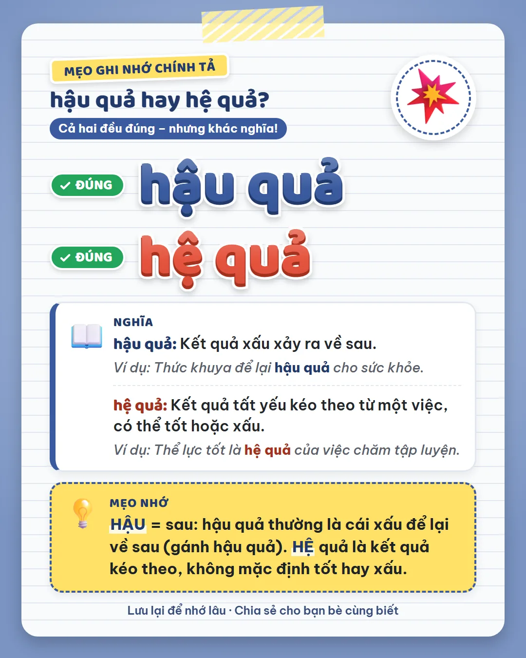 Mẹo ghi nhớ: hậu là sau, hậu quả là cái xấu để lại về sau. Hệ quả là kết quả kéo theo, không mặc định tốt hay xấu.