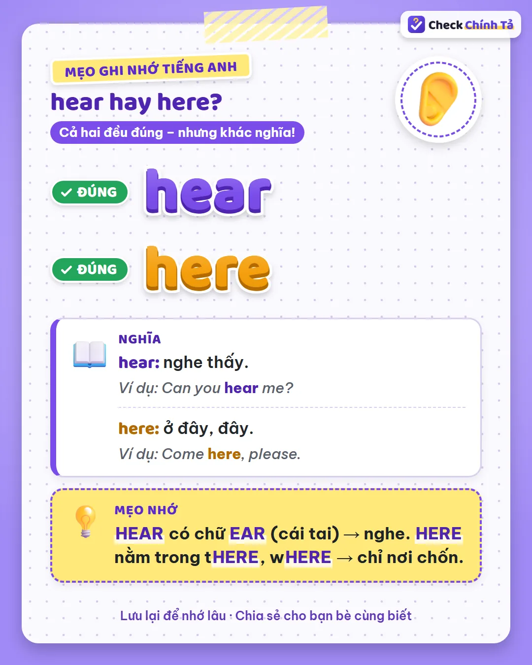 Mẹo ghi nhớ: hear có chữ ear (cái tai) nên là nghe; here nằm trong there, where nên chỉ nơi chốn.