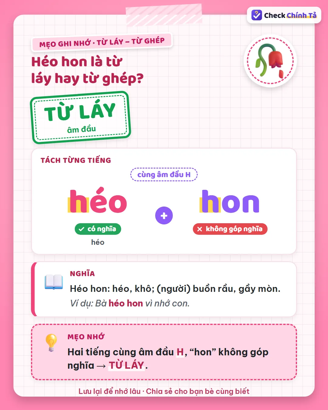 Mẹo ghi nhớ: héo hon có hai tiếng cùng âm đầu H, “hon” không góp nghĩa nên là từ láy.